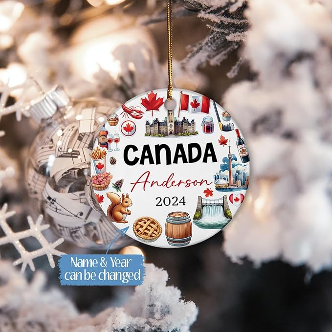 Canadian Xmas Tree Ceramic Ornament, Personalized Canada Cultural Heritage and Traditions Artwork Ornament Christmas 2025, Custom Name Canada Travel Souvenir Ceramic Ornament Gifts for Travel Lover