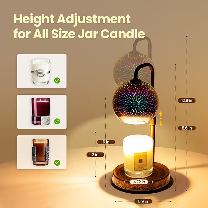Glocusent Candle Warmer Lamp with 3D Glass Globe, Antique Base, Dimmable Height Adjustable Wax Melter for Scented Jar Candles, 2-8H Auto Timer, Christmas Birthday Gifts for Women, Home Decor Lighting