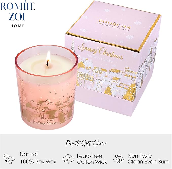 ROMIIE ZOI Christmas Scented Candle - 6oz Soy Wax Candle, Snowy Design, Infused with Floral Aroma - Pink & Gold Gift Box Packaged for Holiday Season Gift