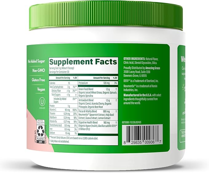 Amazing Grass Sweet Greens and Superfoods Powder for Digestive Health, Greens Powder, Digestive Enzymes, Probiotics, Spirulina, Chlorella, Peach Hibiscus, 30 Servings