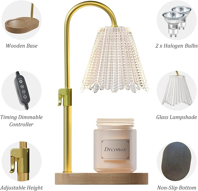 Candle Warmer Lamp with Timer & 4-Level Brightness - Adjustable Height Wax Melt Warmer for Jar Candles, Home Decor Accent, Birthday Gifts for Women (Includes 2 Bulbs)