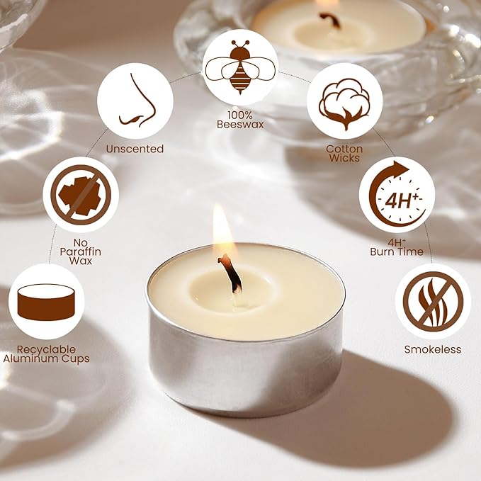 100-Pack Pure Beeswax Tealight Candles in Aluminum Cups - 4-5 Hour Burn Time, Lead-Free Cotton Wick, Natural Unscented Candles，White