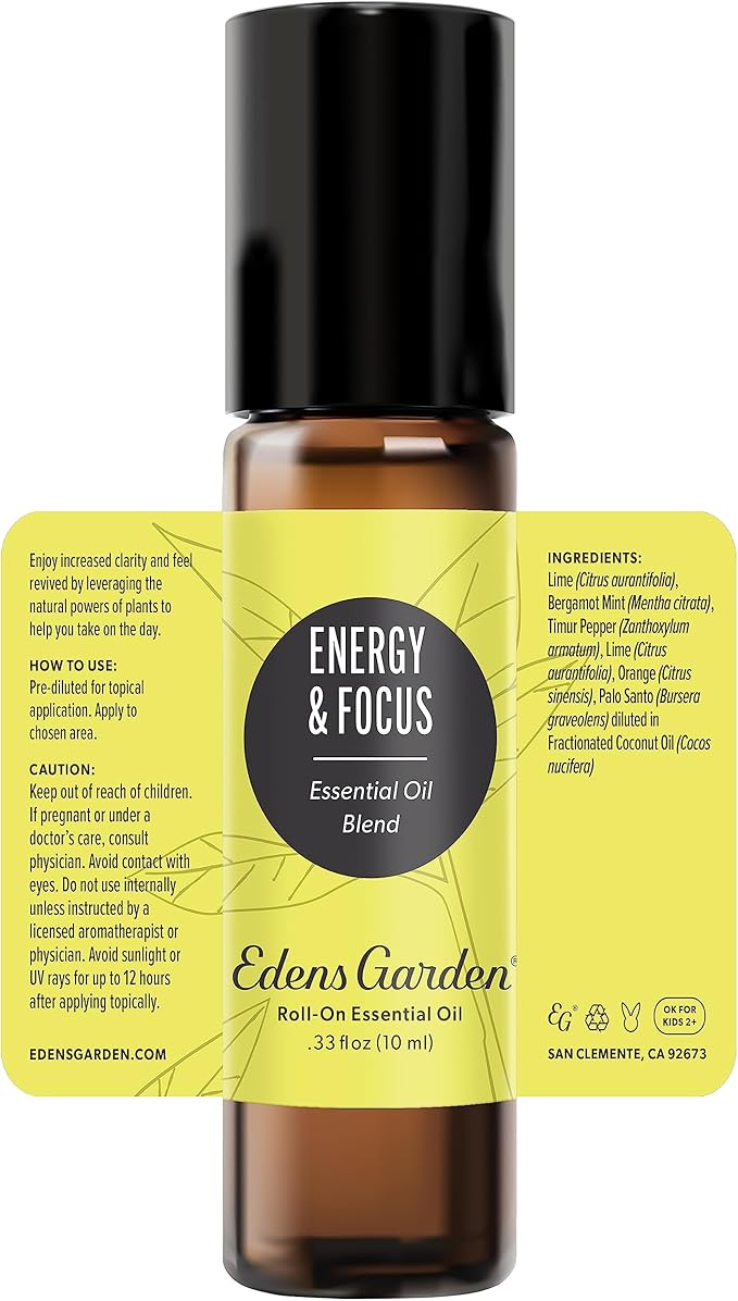 Edens Garden Energy & Focus Essential Oil Roll-On Blend- 100% Pure Premium Grade, Natural, Therapeutic, Aromatherapy, Kid & Skin Safe, The Best for Wellness, Gifts Pre-Diluted 10 ml (.33 fl oz)