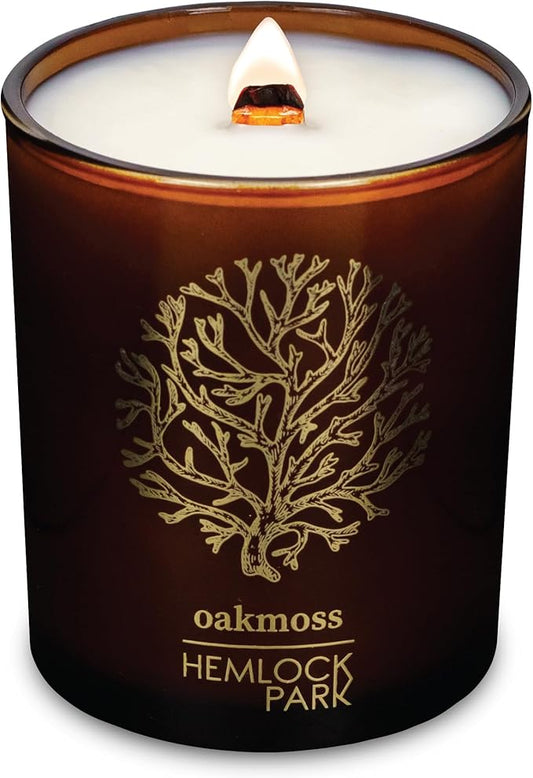 Hemlock Park Wood Wick Candle Handcrafted with Natural Coconut Wax and Essential Oils (Amber & Gold 7.2 oz, Oakmoss)