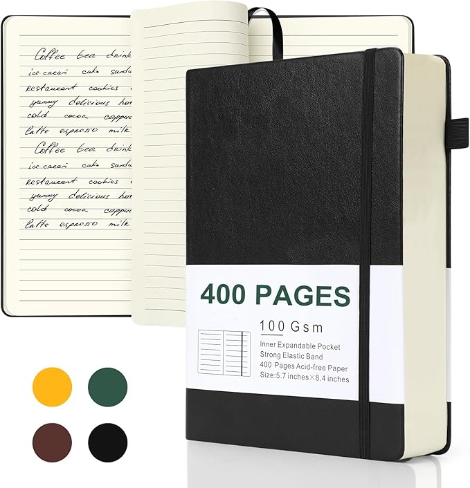 Journals for Writing, A5 Leather Ruled Notebook with 400 Pages, 100 Gms College Ruled Journal with Thick Paper, Hardcover with Inner Pocket & Pen Holder, Black