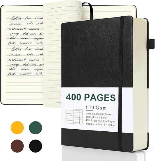 Journals for Writing, A5 Leather Ruled Notebook with 400 Pages, 100 Gms College Ruled Journal with Thick Paper, Hardcover with Inner Pocket & Pen Holder, Black
