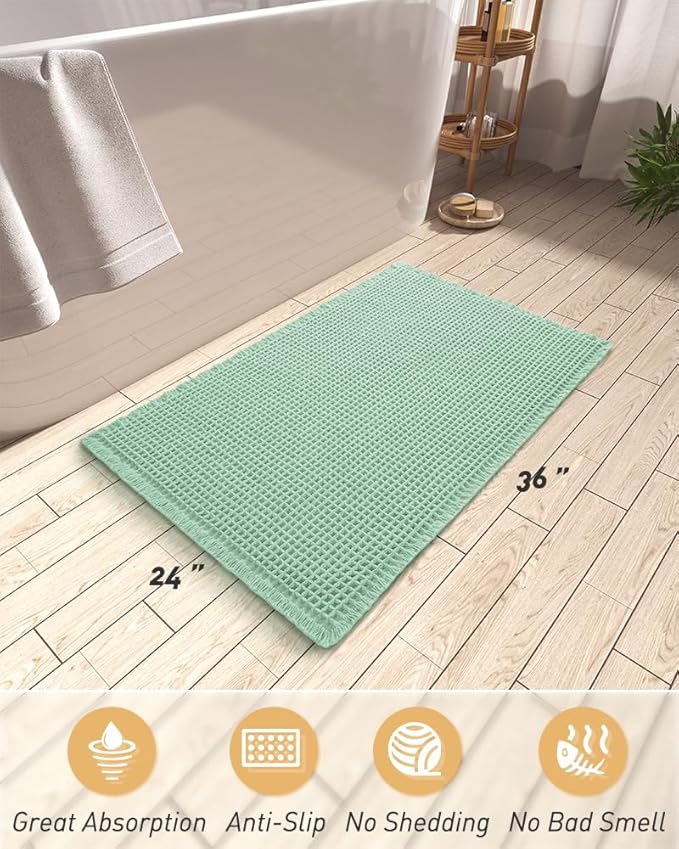 AMOAMI Upgraded Waffle Bath Mat, Super Absorbent Non Slip Bath Mats for Bathroom Floor, Machine Washable Bathroom Rugs with Tassels, Rubber Backed Bathroom Mats, Ultra Soft, 24" x 36", Sage
