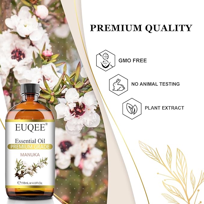 EUQEE Manuka Essential Oil 118ml Large Capacity Pure Manuka Oil with Glass Dropper for Skin, Diffuser, Aromatherapy, Cleaning, Soap Candle Making - 4Fl.Oz