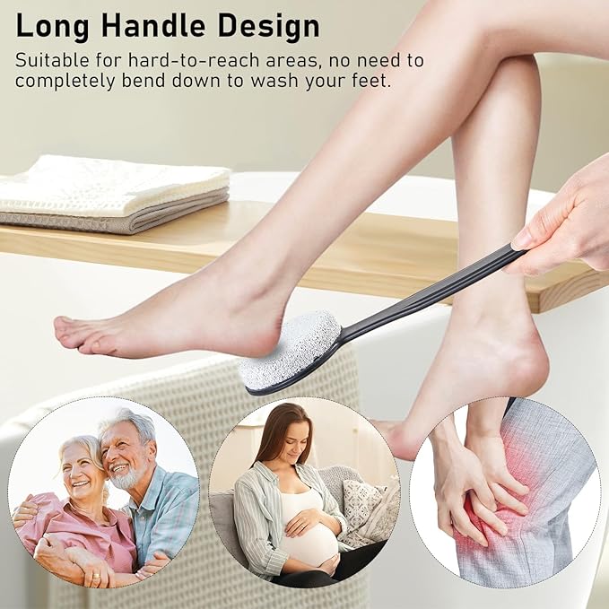 Foot Scrubber Pumice Stone for Feet with Long Handle 13.7" Hard Skin Callus Remover and Exfoliator for Dead Dry Skin, Softer & Smoother Feet, Pedicure Tool (Curved) Black