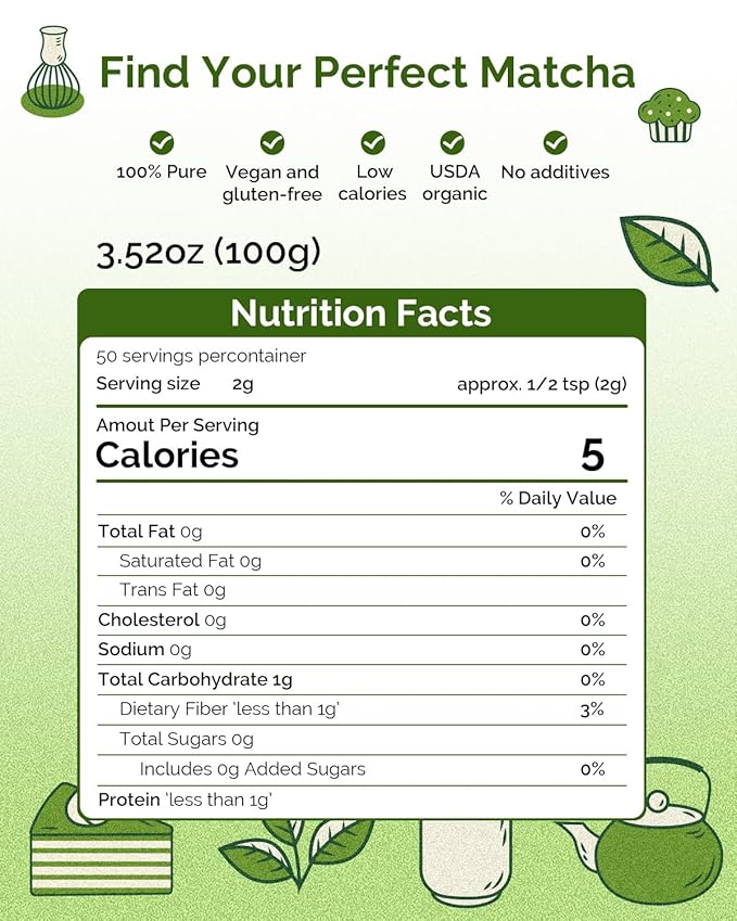 Certified Organic Matcha Green Tea Powder, Culinary Grade, Perfect for Smoothies, Desserts and Baking, 3.53OZ