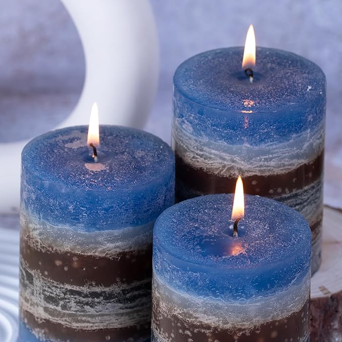 KONNI Blue-Coffee Layered Pillar Candles Set of 3, 3"x 4" Unscented Pillar Candles Bulk, 39 Hours Long Burning Candle, Smokeless & Dripless Round Candle for Wedding, Home Decor, Party, Spa, Dinner