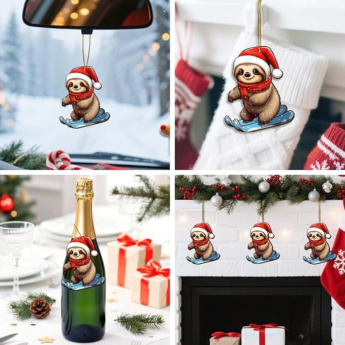 2 Side Printed Cute Sloth Wooden Christmas Ornaments, Keepsake for Women, Men and Friends, Sloth Christmas Tree Ornaments, Christmas Tree Hanging Decorations