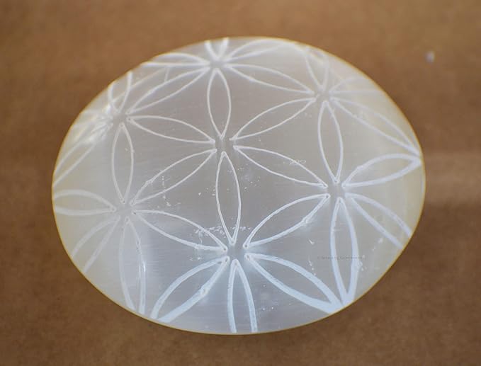 Amazing Gemstone Selenite Palm Stone - Flower of Life Engraved Hot Massage Worry Stone for Natural Body Chakra Balancing, Reiki Healing and Crystal Grid