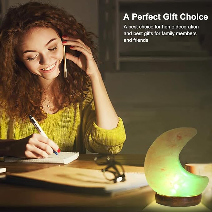 FANHAO Himalayan Salt Lamp, 100% Authentic Natural Hand Carved Moon Pink Crystal Rock Salt with 8 Color Changing, USB Salt Rock Lamp Night Light for Home Decor and Gift, Neem Wooden Base