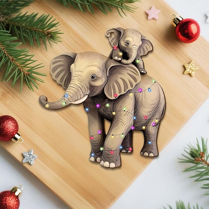 2 Side Printed Elephant Wooden Christmas Ornaments, Keepsake for Women, Men and Friends, Elephant Family Christmas Tree Ornaments, Animal Christmas Tree Decorations