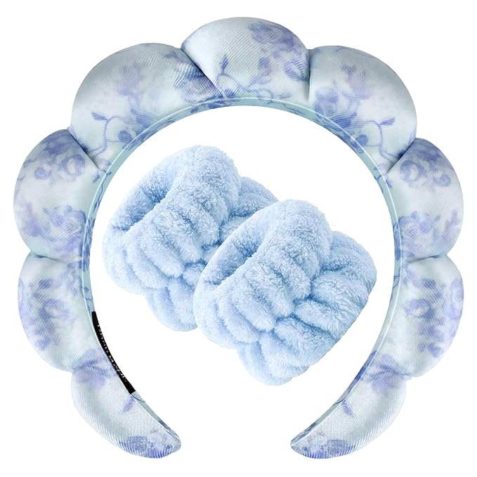 Zkptops Spa Headband for Washing Face Wristband Set Flower Sponge Makeup Skincare Velvet Fabric Bubble Soft Get Ready Hairband for Women Puffy Headwear Non Slip Thick Thin Hair Accessory(Blue Flowers)