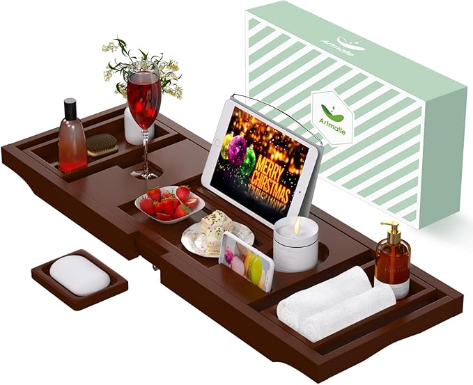 Bathtub Caddy Tray for Tub, Foldable Bamboo Bath Table Tray with Book and Wine Glass Holder, Expandable Bathroom Accessories with Free Soap Dish Suitable for Luxury Spa or Reading, Brown