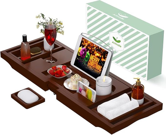 Bathtub Caddy Tray for Tub, Foldable Bamboo Bath Table Tray with Book and Wine Glass Holder, Expandable Bathroom Accessories with Free Soap Dish Suitable for Luxury Spa or Reading, Brown