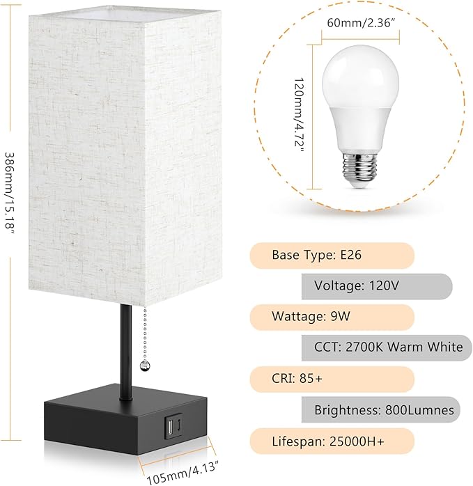 GGOYING Bedside Table Lamp, Pull Chain Bedroom Lamp with USB C+A Charging Ports, 2700K LED Bulb, Linen Lampshade, Nightstand Lamp for Living Room Bedroom Office