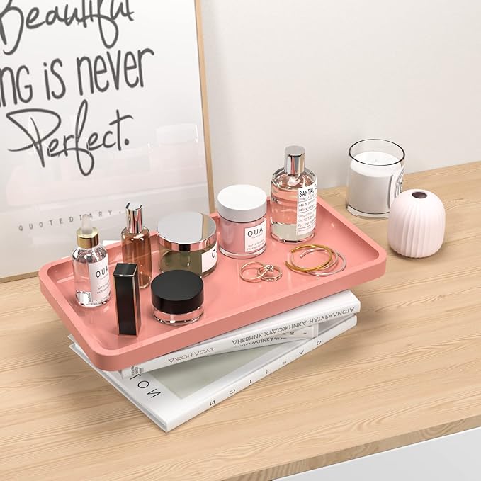 Bathroom Vanity Tray for Countertop - Bamboo Organizer Tray for Dresser Tops, Toilet, Perfume Small Decorative Tray Wood Tray for Home Decoration 11.81” L x 6.1” W x 0.79” H (Pink)
