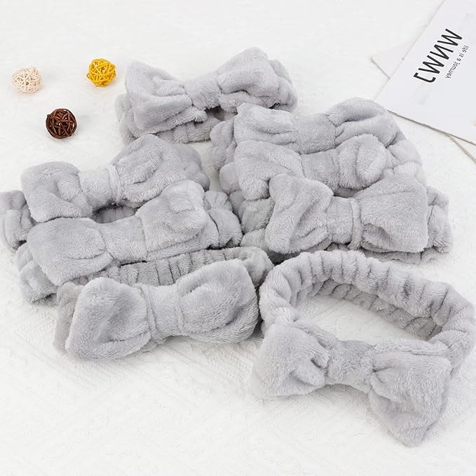 Casoty 8 Pcs Grey Spa Hair Bands for Women, Bow Fleece Headbands for Makeup, Shower, Yoga, and Skincare
