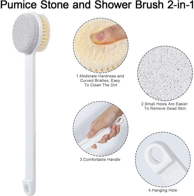 2 Pcs Pumice Stone for Feet and Body Brush with Long Handle, Hard Skin Callus Remover, 2 in 1 Foot Scrubber, Back Scrubber for Shower Deep Cleansing and Exfoliating (Straight)