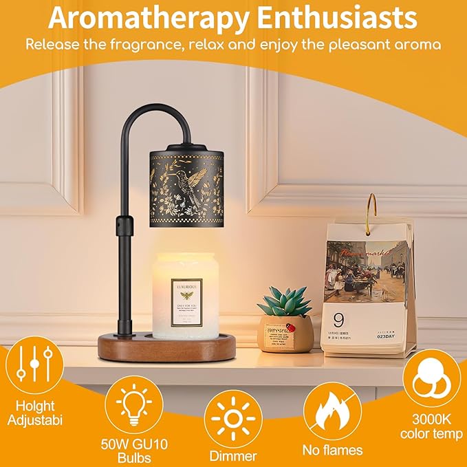 Dimmable Candle Warmer Lamp with Timer Adjustable Height for Scented Jar Candles Electric Candle Wax Melt Warmer for Home Decor Christmas Birthday Gifts for Women Mom(Hummingbird)