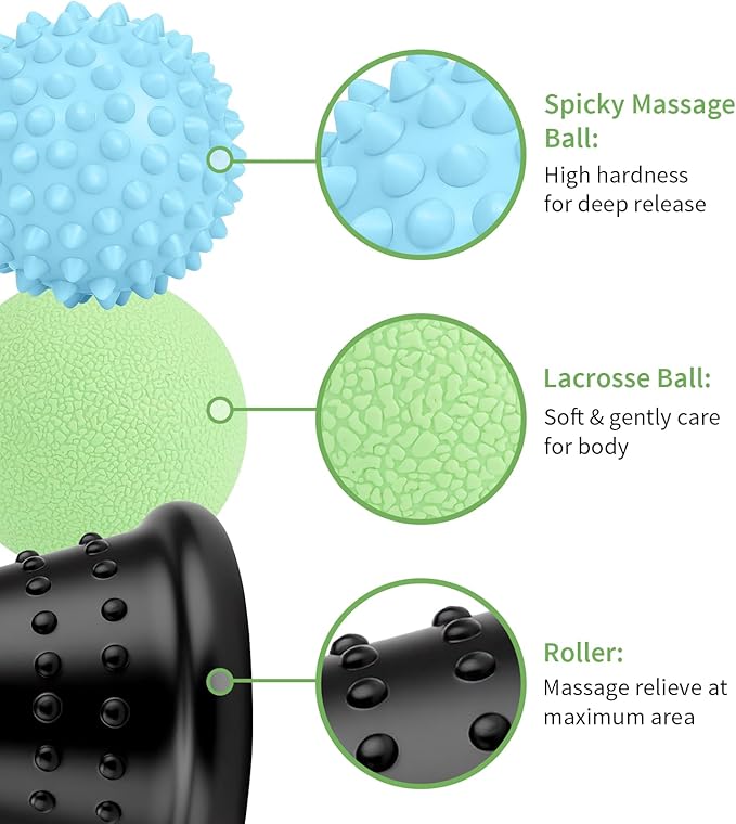 Foot Massager Roller & Massage Lacrosse Ball & Spiky Ball, 3-in-1 Therapy Set for Plantar Fasciitis Relief —Heel Spur, Arch Pain—Back/Neck/Shoulder Trigger Point & Deep Tissue Massage