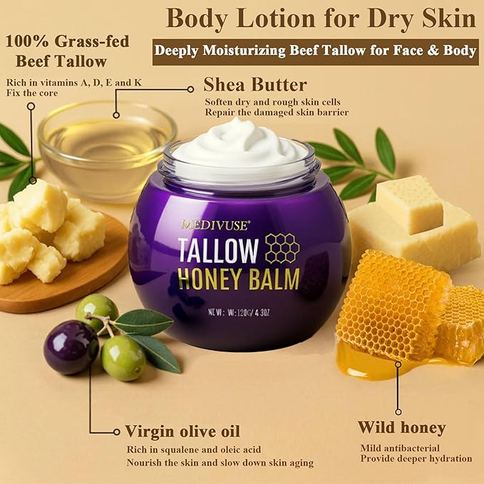 Tallow and Honey Balm - 120 ML Organic Grass-Fed Beef Balm - Deeply Moisturizing Body Cream - Beef Tallow for Face Body Lotion for Dry & Sensitive Skin