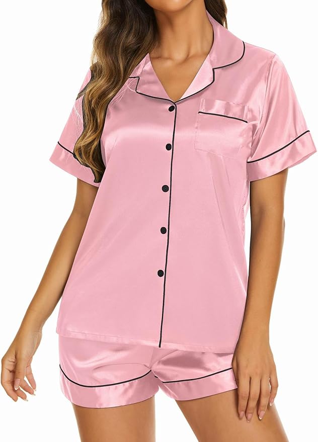 Ekouaer Silk Pajamas for Women Short Sleeve Sleepwear Soft Button Down Loungewear 2 Piece Satin Pjs Shorts Set S-XXL