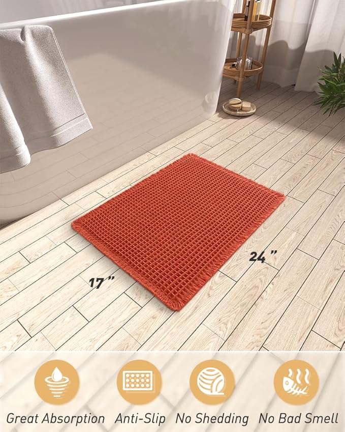 AMOAMI Upgraded Waffle Bath Mat, Super Absorbent Non Slip Bath Mats for Bathroom Floor, Machine Washable Bathroom Rugs with Tassels, Rubber Backed Bathroom Mats, Ultra Soft, 17" x 24", Orange