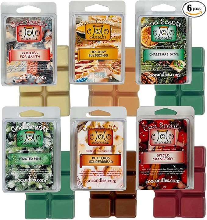 Christmas Wax Melts - Holiday Scented Wickless Soy Candle Melts for Wax Warmer - Pine, Spiced Cranberry, Gingerbread & More - Winter Themed Wax Cubes, Made in The USA - 6 Pack