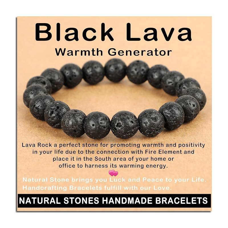 AD Beads Handmade Gemstone Stretch Elastic Bracelet Crystal Healing Reiki Nature's Beauty and Spiritual Essence Unisex (10mm, Black Lava (Warmth Generator))