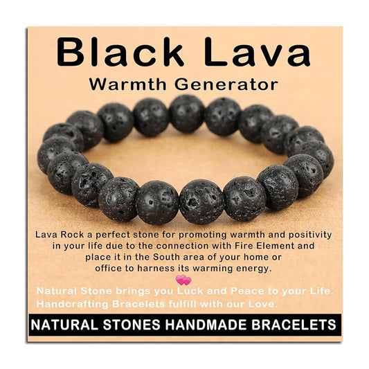 AD Beads Handmade Gemstone Stretch Elastic Bracelet Crystal Healing Reiki Nature's Beauty and Spiritual Essence Unisex (10mm, Black Lava (Warmth Generator))