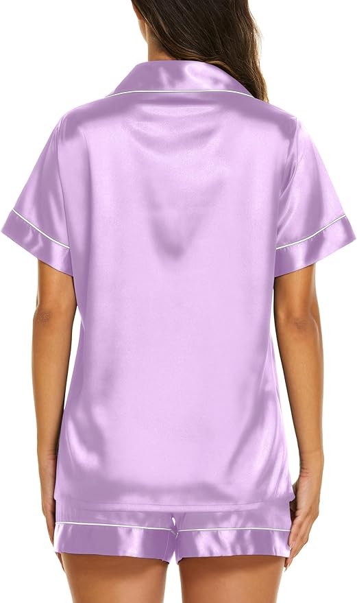 Ekouaer Silk Pajamas for Women Short Sleeve Sleepwear Soft Button Down Loungewear 2 Piece Satin Pjs Shorts Set S-XXL