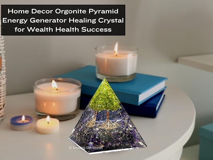 Amazing Gemstone Organite Orgone Pyramid Extra Large 105 MM - Orgone Energy Pyramid with Amethyst Crystals, Peridot Tree and Healing Stone - Orgonite Pyramids Crystals and Positive Energy
