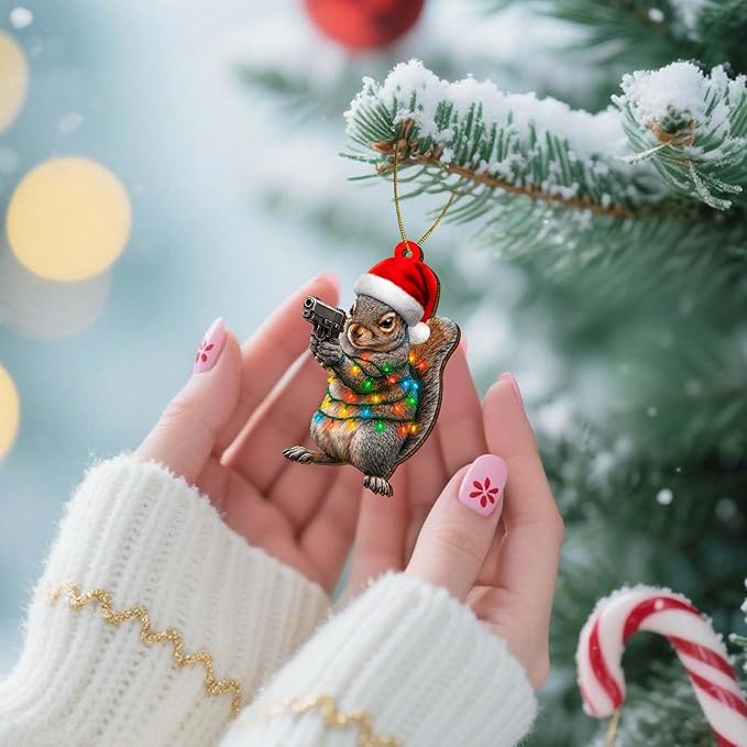 Funny Squirrel Christmas Ornament, Cute Holiday Tree Decoration with Santa Hat and Lights, Humorous Gift for Men & Women
