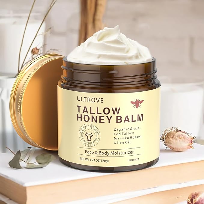 Beef Tallow and Honey Balm for Skin, Natural Face + Body Moisturizer with Organic Grass-Fed Beef Tallow & Raw Wild Honey for Dry & Sensitive Skin, 4.23oz