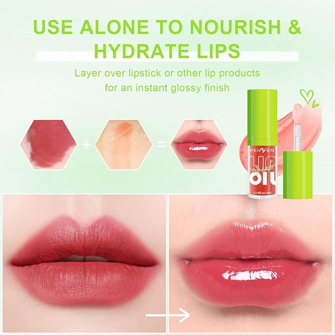 4 PCS Hydrating Lip Oil, Big Brush Head Lip Glaze Shiny Transparent Fat Lip Glow Oil, Nourishing & Non-sticky Long Lasting Fresh Clear Smooth Lip Care Plumping Lip Oil (4PCS A)