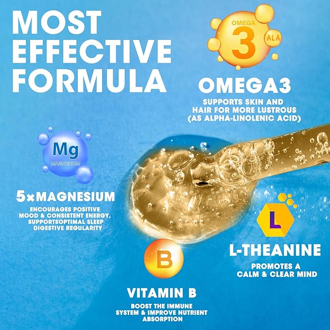 iMATCHME Magnesium Glycinate Liquid Drop with Citrate, Oxide and Taurate, Calm Magnesium with Omega3, L-Theanine, D3, B6, B12 for Calm, Sleep, Leg Cramps, Muscles, Energy, Sugar-Free Strawberry Flavor