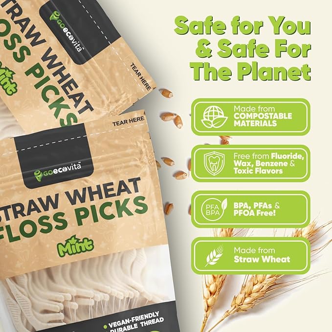 Dental Floss Picks - Straw Wheat Handle Flossers | Thin & Shred-Resistant Thread for Tight Gaps | Flossers for Adults | Gentle on Gums & Teeth | Vegan (100 Pack, Mint)