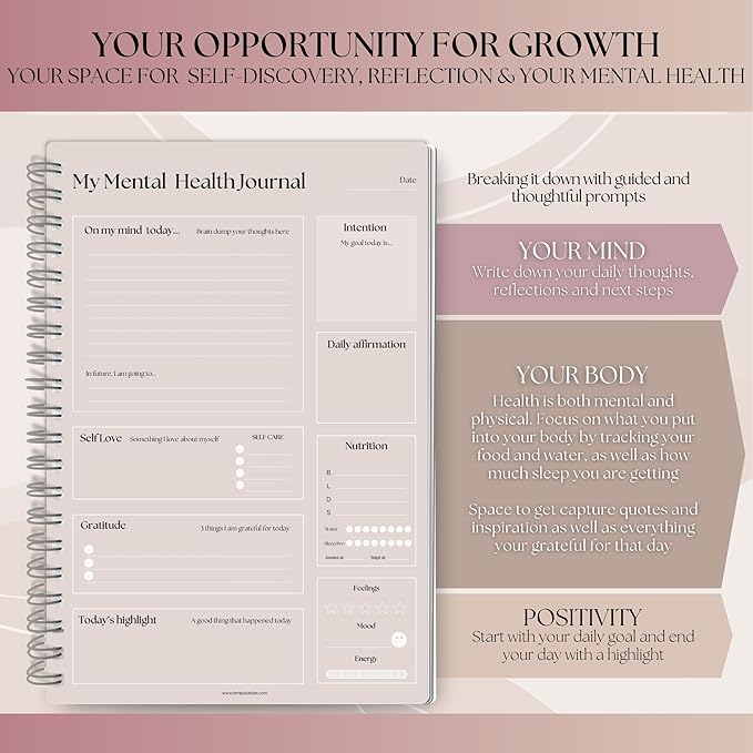 Mental Health Journal Planner | Daily Gratitude, Self Care, Intentions, Affirmations and Nutrition (Lux, A5 Ring Bound)