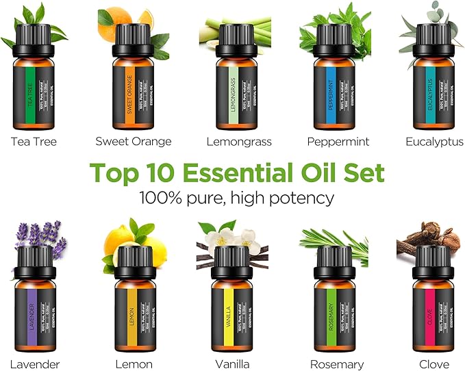 InnoGear Aromatherapy Diffuser & 10 Essential Oils Set, 400ml Diffuser Ultrasonic Diffuser Cool Mist Humidifier with 4 Timers 7 Colors Light Waterless Auto Off for Large Room Office, Yellow Wood Grain