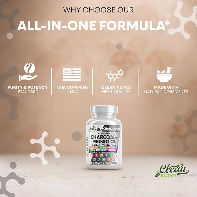 Clean Nutra Activated Charcoal Pills + Shilajit Probiotic Digestive Enzymes for Digestive Health Capsules with Peppermint Fennel Licorice Papain Ginger Turmeric Powder | Gut Health