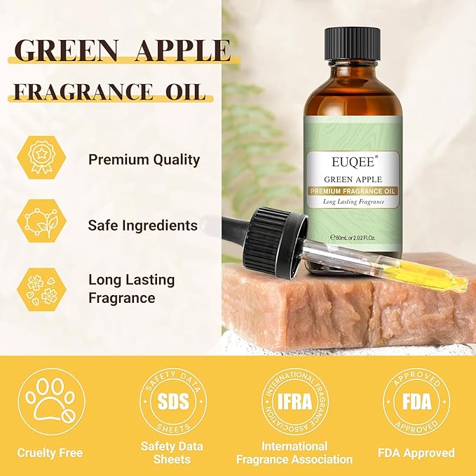 EUQEE Green Apple Fragrance Oils, 2.02 Fl oz / 60ml Essential Oils for Diffuser, Candle Making, DIY Soap with Glass Dropper