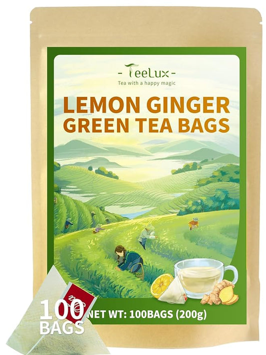 TeeLux Lemon Ginger Green Tea, Zesty Ginger, Refreshing Natural Lemon Flavor, Brisk Sencha Green Tea, Low Caffeine, 100 Count