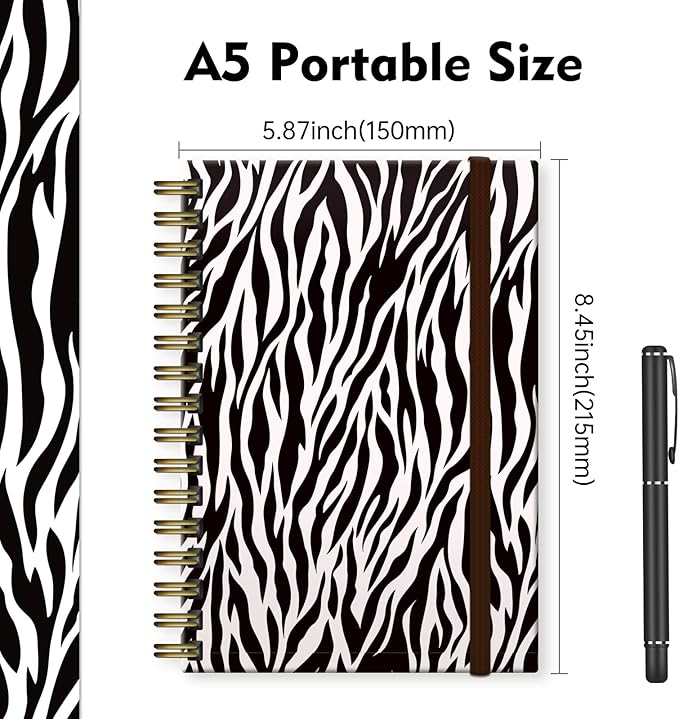 Cute Spiral Notebook, Journal for Women, Hardcover Spiral Journal, 5.5 x 8.3 Inches, 120 Pages,100gsm Paper, for Gifts Nurse Teacher Women Office Supplies(Zebra Pattern)