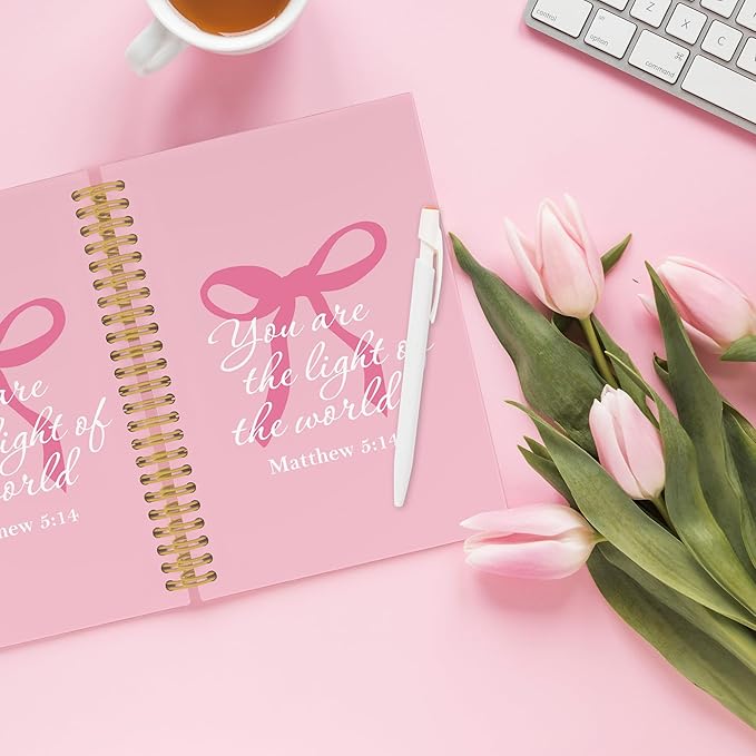 Coquette Pink Bows Spiral Notebook, Christian Bible Verse Journaling Notebooks for Note Taking, Preppy Aesthetic Inspirational Hardcover Journals for Teen Girls Women, 160 Pages 5.5 x 8.3 Inch