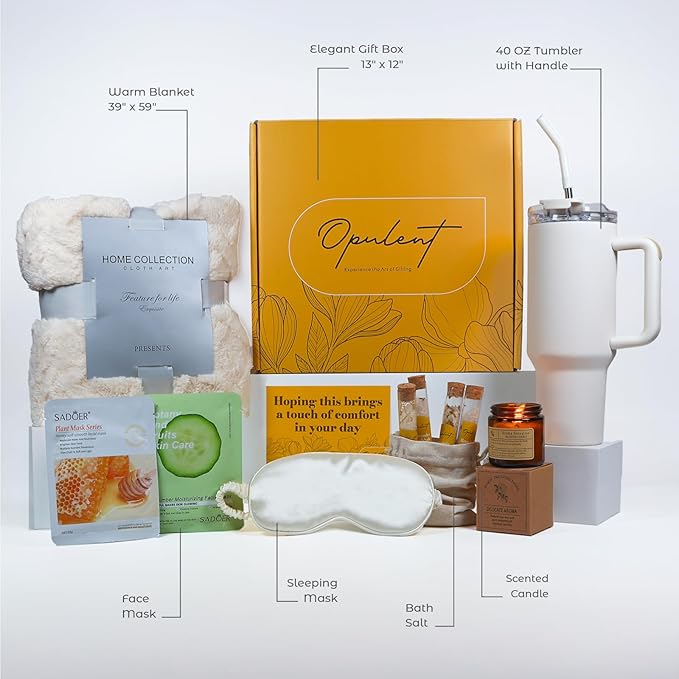Gift Basket for Women - Luxury Self Care Basket for Women | Cozy Blanket, 40oz Tumbler, Candle, Bath Salts - Unique Birthday Box for Her - Get Well Soon Care Package