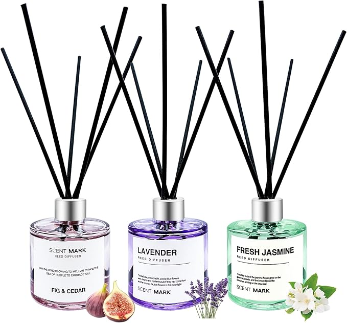 Reed Diffuser Set of 3 Pack,50ML Lavender Jasmine Lemon Basil Scented Oil Diffuser with 5 Sticks,Home Fragrance Reed Diffuser for Bedroom Bathroom Office (Lavender/Jasmine/Fig Cedar)